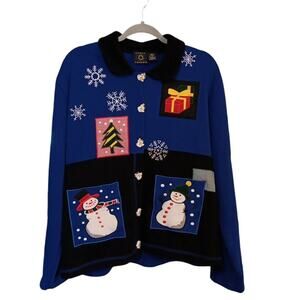 Onque Casuals Christmas Jacket Sweater Women’s Sz XL Snowman Buttons Blue Black